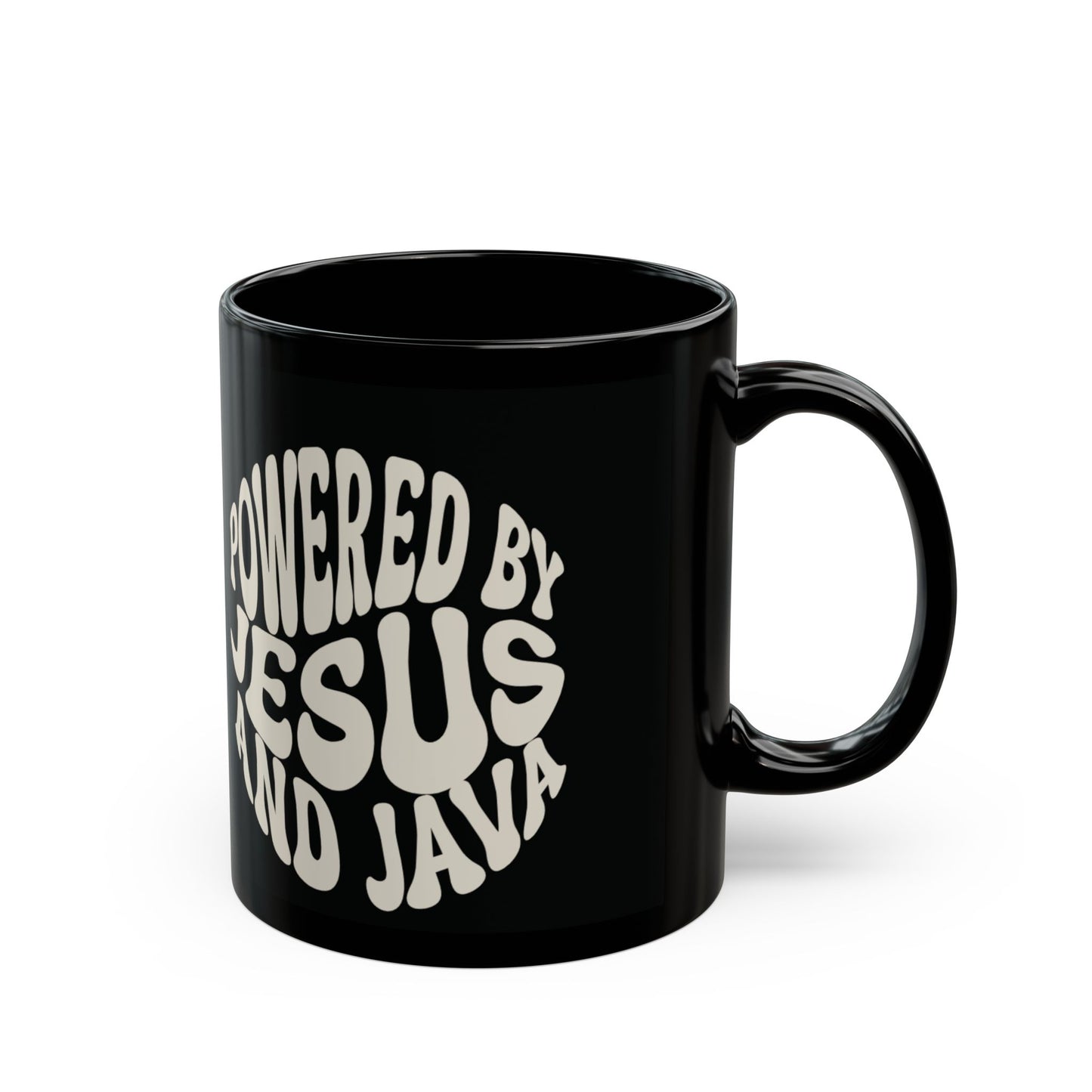 Powered by Jesus and Java Black Coffee Mug