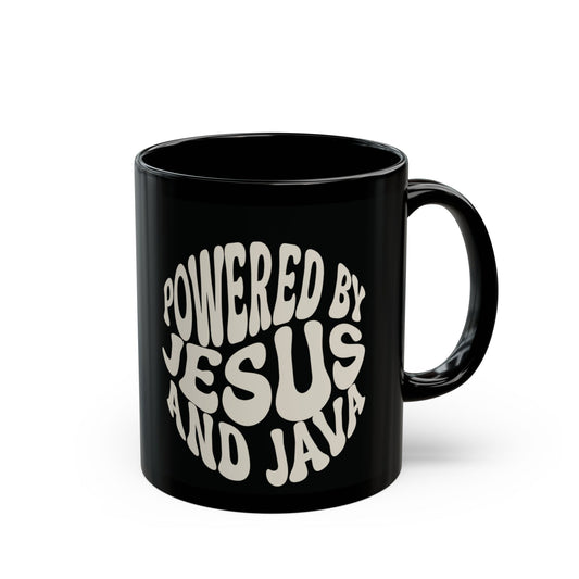 Powered by Jesus and Java Black Coffee Mug
